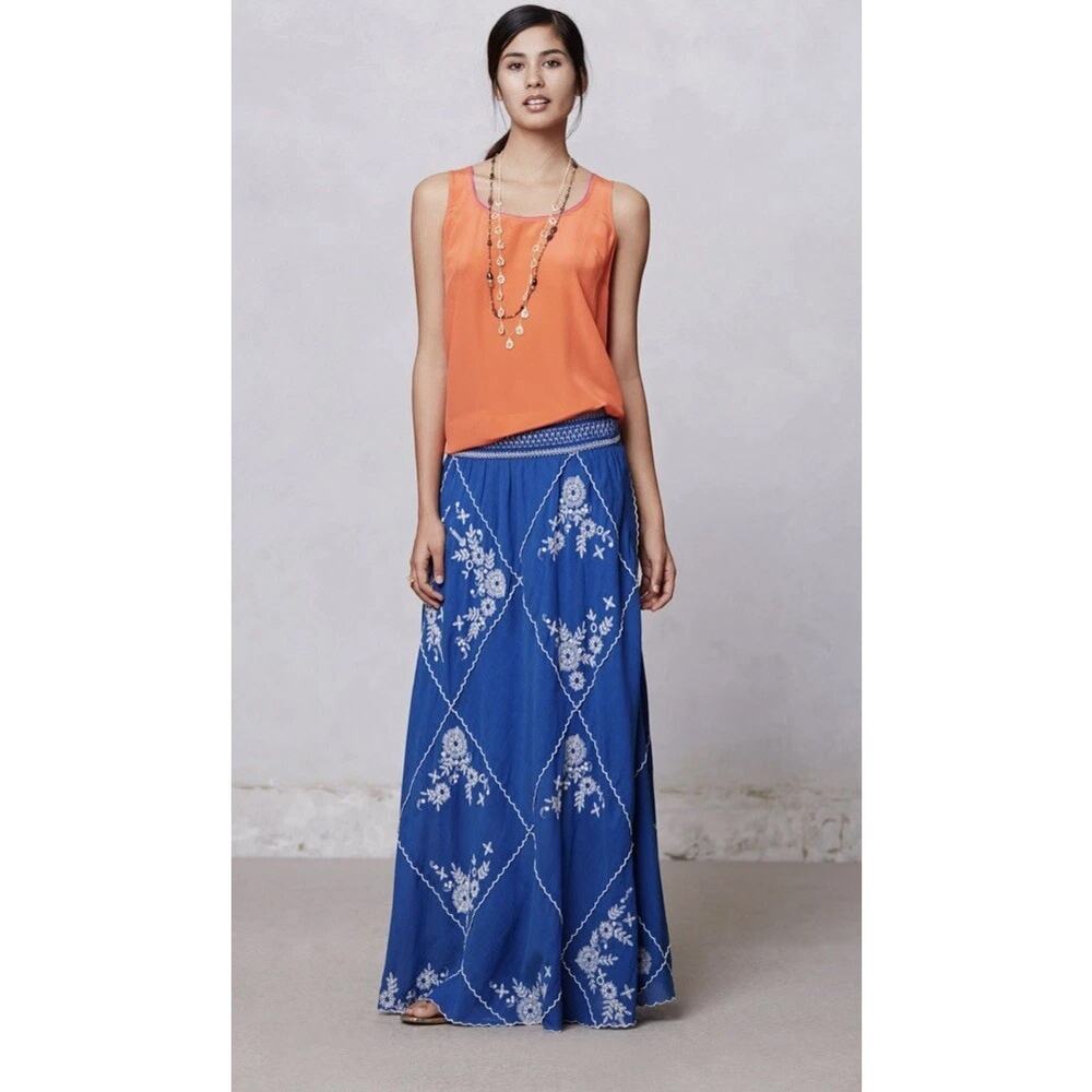 Anthropologie X Meadow Rue Women's Ping Blue Embroidered Maxi Skirt Boho Peasant